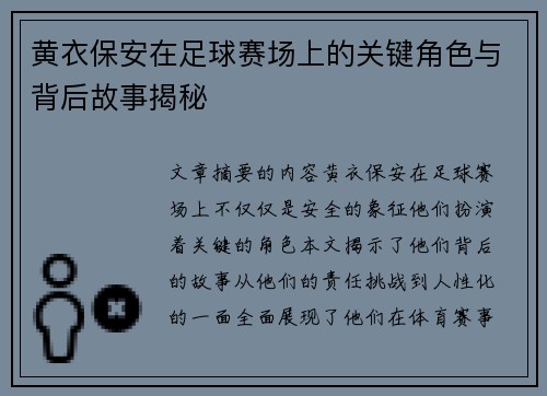 黄衣保安在足球赛场上的关键角色与背后故事揭秘