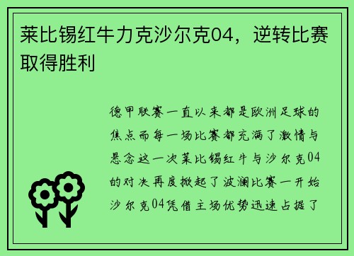莱比锡红牛力克沙尔克04，逆转比赛取得胜利