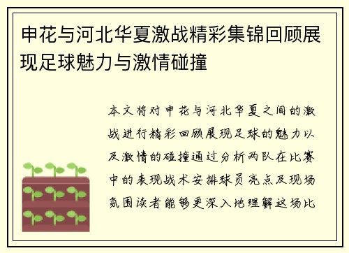 申花与河北华夏激战精彩集锦回顾展现足球魅力与激情碰撞