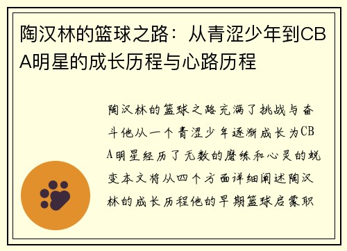 陶汉林的篮球之路：从青涩少年到CBA明星的成长历程与心路历程