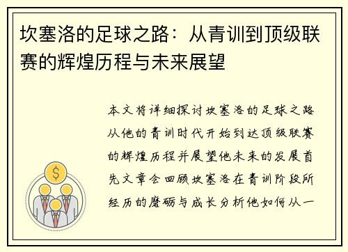 坎塞洛的足球之路：从青训到顶级联赛的辉煌历程与未来展望