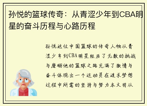 孙悦的篮球传奇：从青涩少年到CBA明星的奋斗历程与心路历程