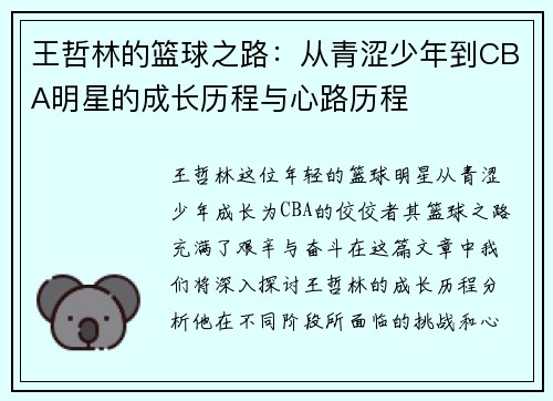 王哲林的篮球之路：从青涩少年到CBA明星的成长历程与心路历程