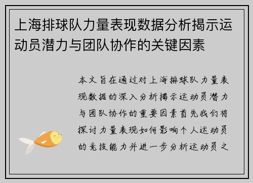 上海排球队力量表现数据分析揭示运动员潜力与团队协作的关键因素
