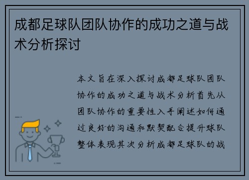 成都足球队团队协作的成功之道与战术分析探讨